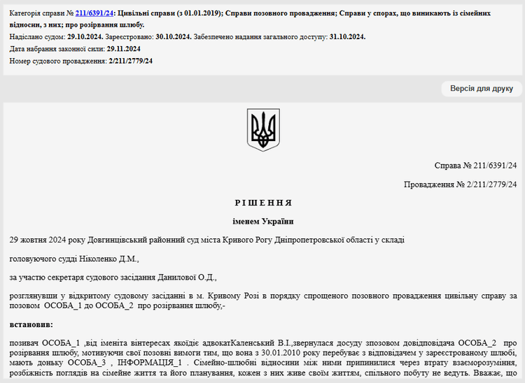 Решение суда о расторжении брака от 29 октября 2024 года Решение суда о расторжении брака от 29 октября 2024 года