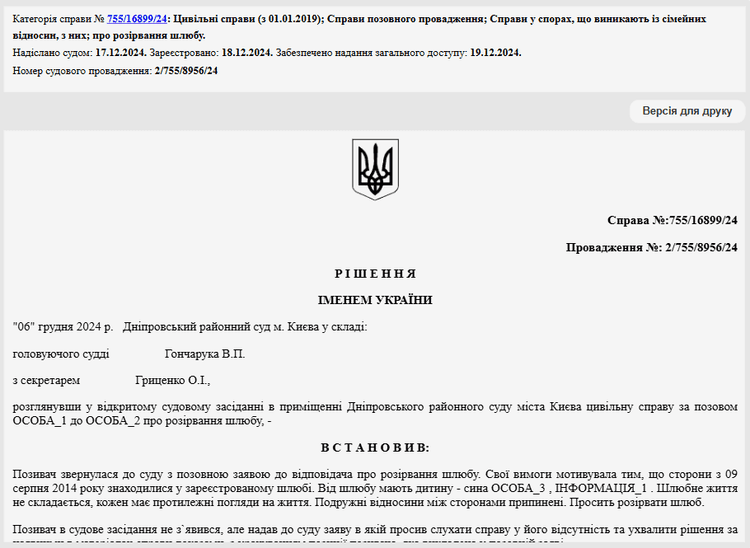 Решение суда о расторжении брака от 06 декабря 2024 года Решение суда о расторжении брака от 06 декабря 2024 года
